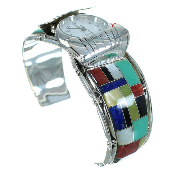 Authentic Sterling Silver Multicolor Inlay Cuff Watch VX65732